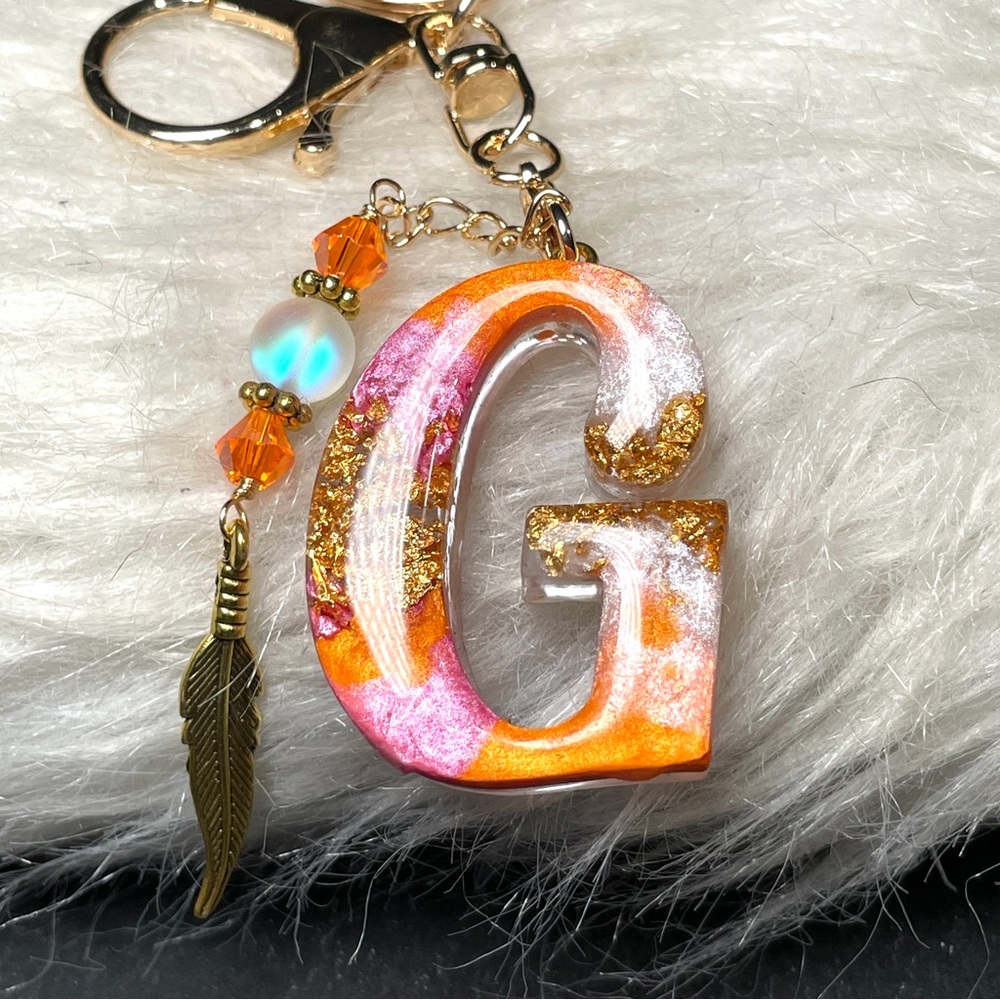 Custom Orange And Pink Initial Letter “G” Keychain with Gold Accents - Picture 2 of 6